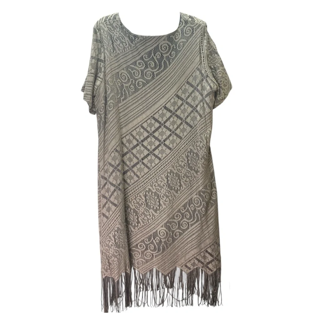 Studio C Taupe Lace Asymmetrical Fringe Dress 18 - Picture 2 of 9